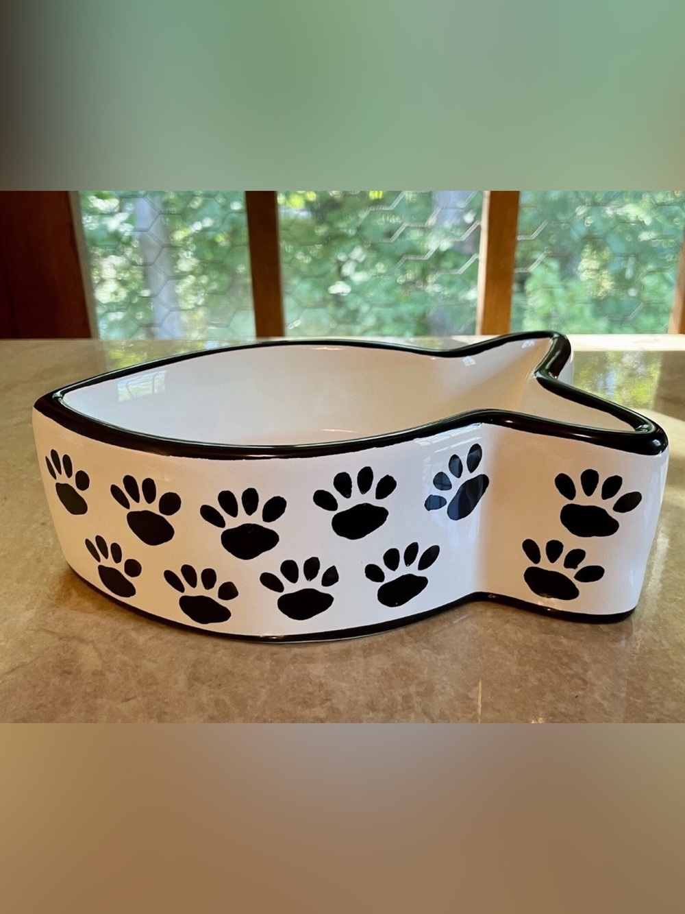 Ceramic Fish-Shaped Pet Bowl with Black Paw Print Design - White